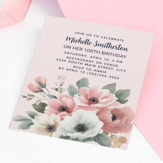 ピンクホワイトウォーター色フローラ100誕生日 招待状