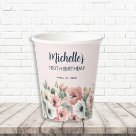 ピンクホワイトウォーター色フローラ100誕生日 紙コップ