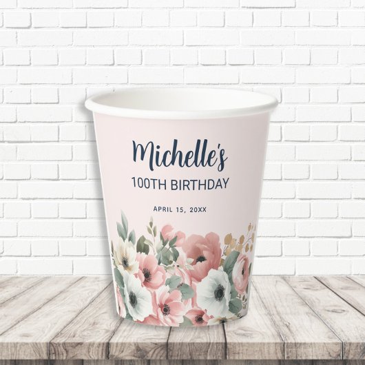 ピンクホワイトウォーター色フローラ100誕生日 紙コップ
