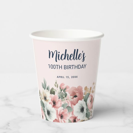 ピンクホワイトウォーター色フローラ100誕生日 紙コップ (裏面)