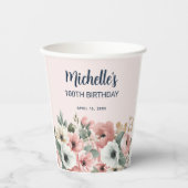 ピンクホワイトウォーター色フローラ100誕生日 紙コップ (正面)