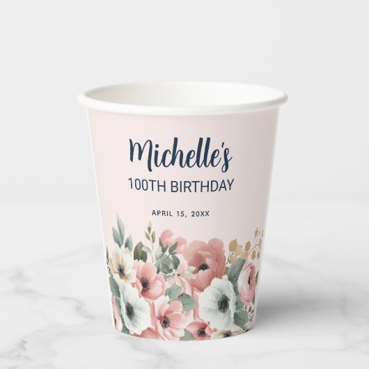 ピンクホワイトウォーター色フローラ100誕生日 紙コップ (正面)