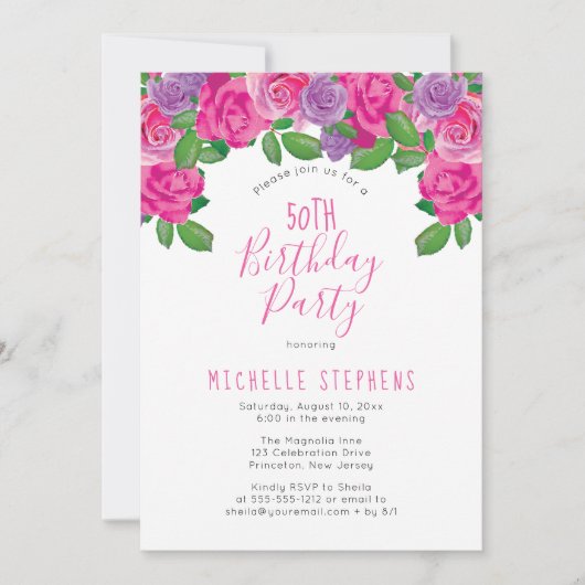 ピンクホワイトウォーター色フローラ50th誕生日パーティー 招待状 (正面)