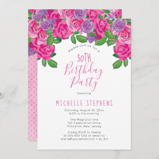 ピンクホワイトウォーター色フローラ50th誕生日パーティー 招待状 (正面/裏面)