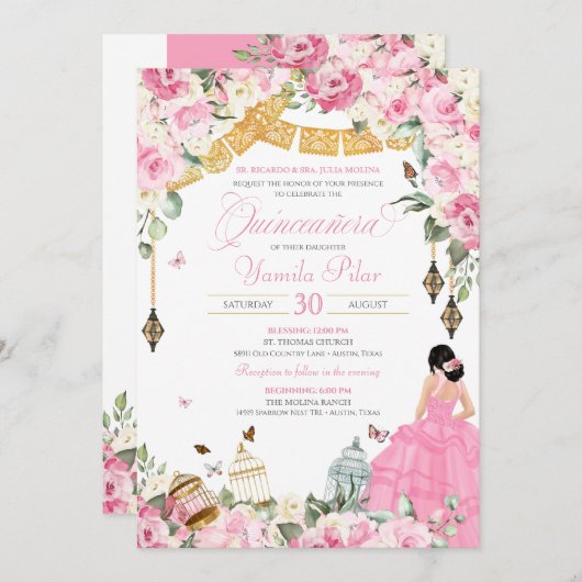 ピンクホワイトエレガントフローラバタフライキンセアニェラ1  招待状 (正面/裏面)