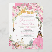 ピンクホワイトエレガントフローラバタフライキンセアニェラ4 招待状 (正面/裏面)