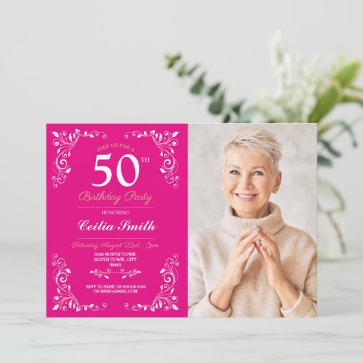 ピンクホワイトエレガント誕生日ウィメンズクラッシー写真 招待状 (スタンド正面)