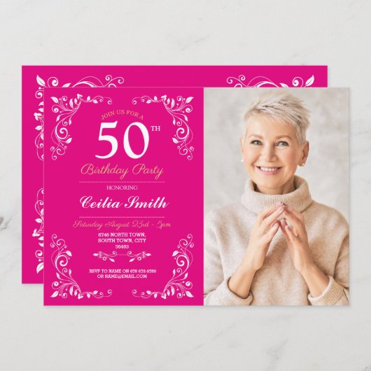 ピンクホワイトエレガント誕生日ウィメンズクラッシー写真 招待状 (正面/裏面)