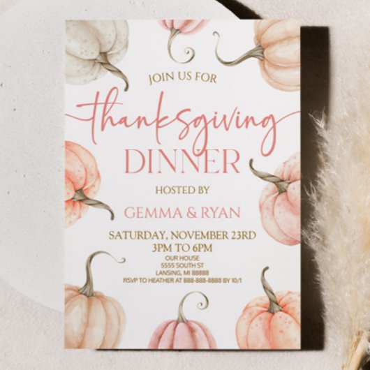 ピンクホワイトオレンジカボチャ感謝祭 招待状