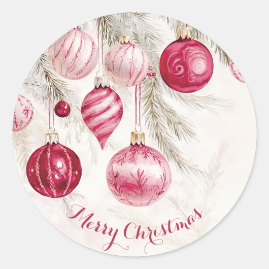 ピンクホワイトオーナメントヴィンテージクリスマス ラウンドシール (正面)