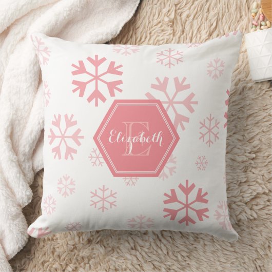 ピンクホワイトカスタムモノグラムスノーフレーク装飾用クッション クッション (ブランケット)