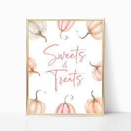 ピンクホワイトカボチャ秋スイーツ&トリートサイン ポスター