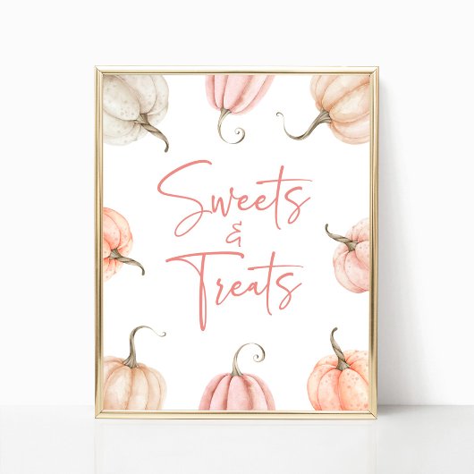 ピンクホワイトカボチャ秋スイーツ&トリートサイン ポスター