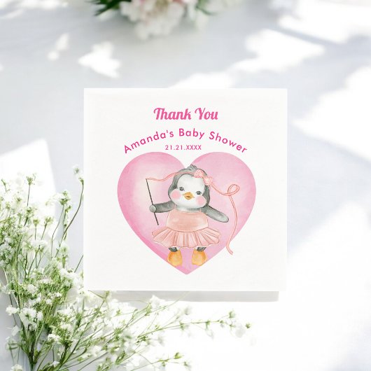 ピンクホワイトガール赤ちゃんシャワーペンギン紙ナプキン スタンダードカクテルナプキン