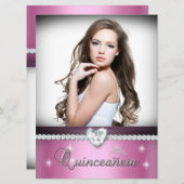 ピンクホワイトキンセアニェラ15フェイクダイヤモンド写真 招待状 (正面/裏面)