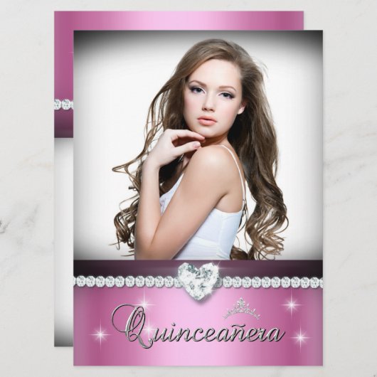 ピンクホワイトキンセアニェラ15フェイクダイヤモンド写真 招待状 (正面/裏面)