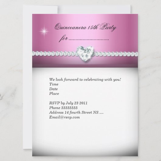 ピンクホワイトキンセアニェラ15フェイクダイヤモンド写真 招待状 (裏面)