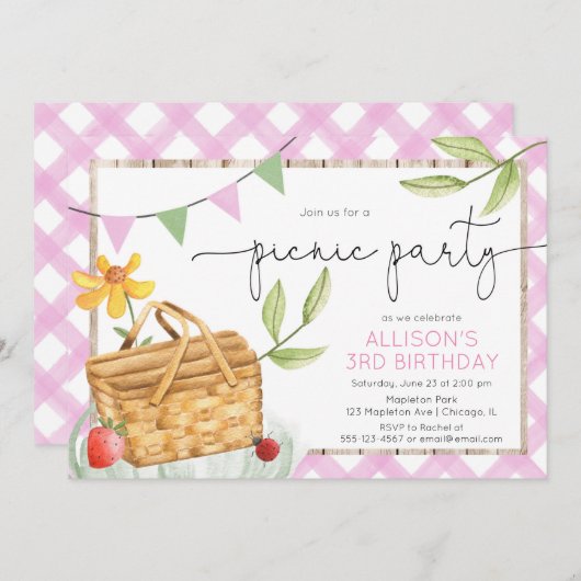 ピンクホワイトギンガムピクニックパーティーパーティー 招待状 (正面/裏面)