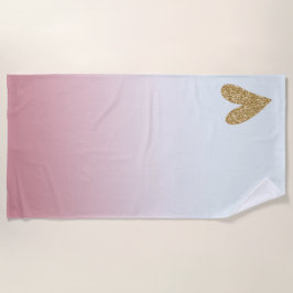 ピンクホワイトグラデーション金ゴールドグリッターハート ビーチタオル