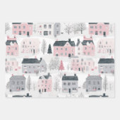 ピンクホワイトグレークリスマスハウスズヴィンテージ ラッピングペーパーシート (正面2)