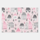 ピンクホワイトグレークリスマスハウスズヴィンテージ ラッピングペーパーシート (正面)