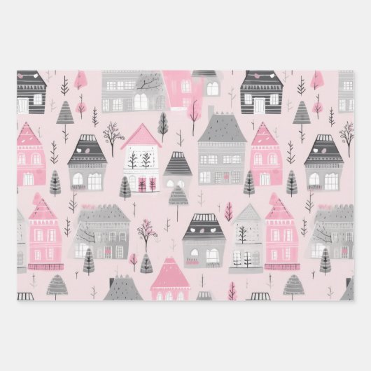 ピンクホワイトグレークリスマスハウスズヴィンテージ ラッピングペーパーシート (正面)