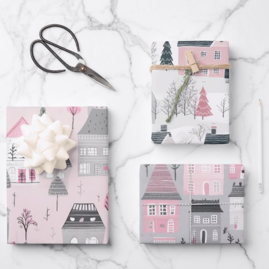 ピンクホワイトグレークリスマスハウスズヴィンテージ ラッピングペーパーシート (正面)