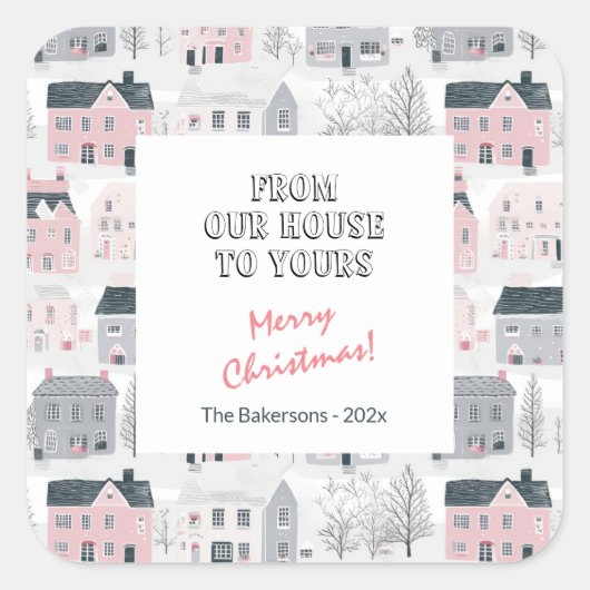 ピンクホワイトグレーヴィンテージハウスクリスマスステッカー スクエアシール (正面)