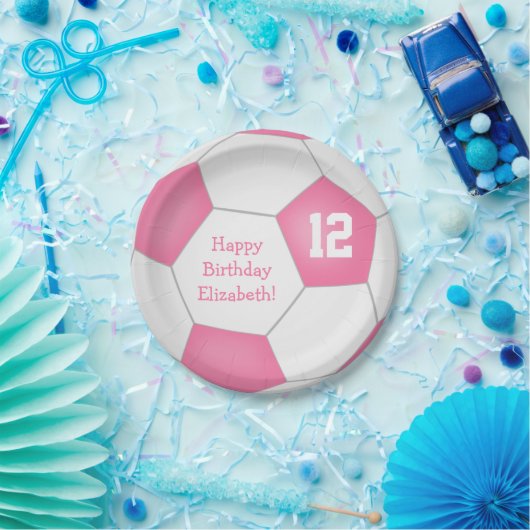 ピンクホワイトサッカーをテーマにした誕生日パーティー ペーパープレート (パーティー)