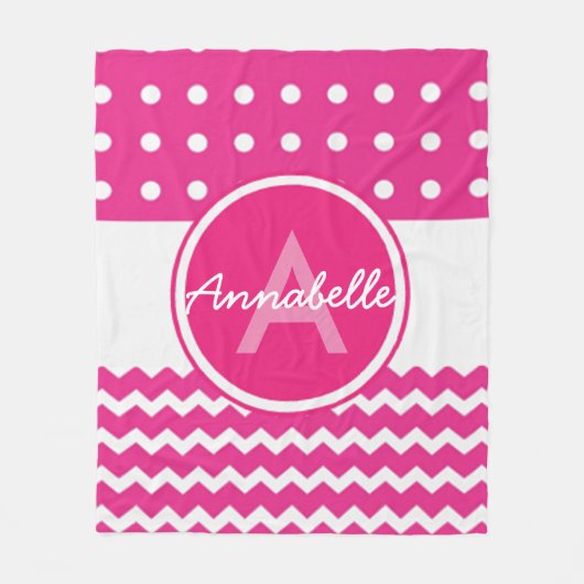 ピンクホワイトシェブロンモノグラムパーソナライズされた フリースブランケット (正面)