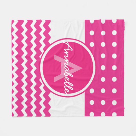 ピンクホワイトシェブロンモノグラムパーソナライズされた フリースブランケット (正面(横))