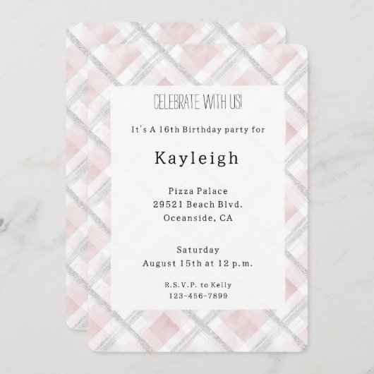 ピンクホワイトシルバーグリッタースクウェア誕生日 招待状 (正面/裏面)