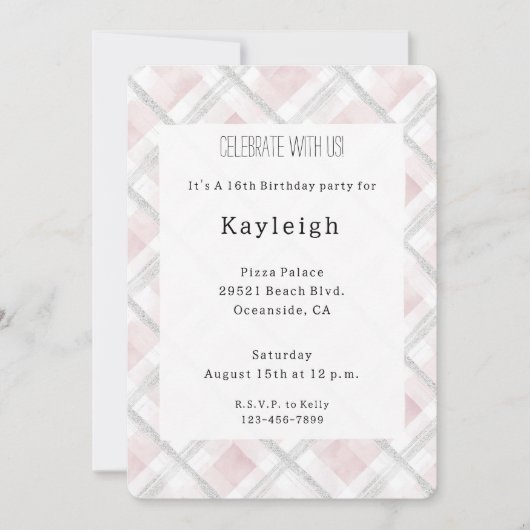 ピンクホワイトシルバーグリッタースクウェア誕生日 招待状 (正面)