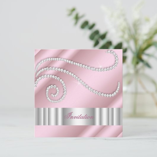 ピンクホワイトジュエルダイヤモンドシルバーバースデーパーティー 招待状 (スタンド正面)