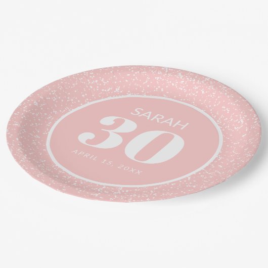 ピンクホワイトスターダストグリッター30th誕生日パーティー ペーパープレート (アングル)