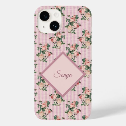 ピンクホワイトストライプとローズのモノグラム Case-Mate iPhoneケース (裏面)