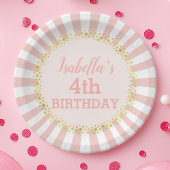 ピンクホワイトストライプの金ゴールドグリッター紙吹雪誕生日 ペーパープレート
