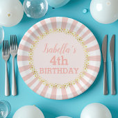 ピンクホワイトストライプの金ゴールドグリッター紙吹雪誕生日 ペーパープレート