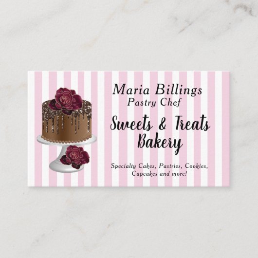ピンクホワイトストライプグルメとケーキのパティシエ 名刺 (正面)