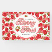 ピンクホワイトストライプシズストロベリーファースト誕生日 横断幕 (横)