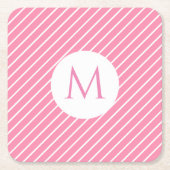 ピンクホワイトストライプトレンディーモノグラムモダンテンプレート スクエアペーパーコースター (正面)