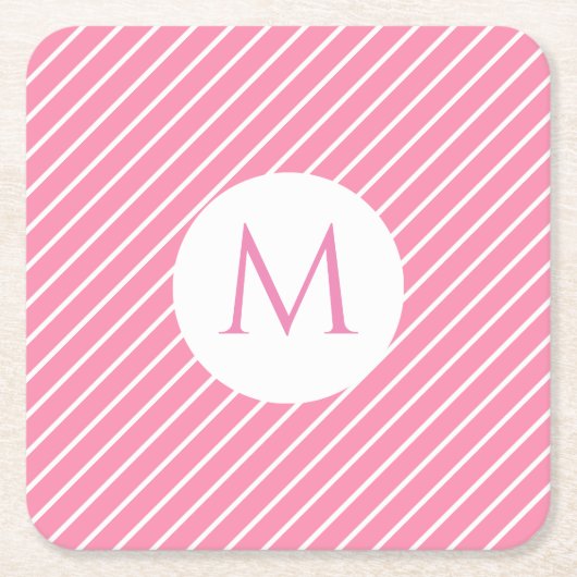 ピンクホワイトストライプトレンディーモノグラムモダンテンプレート スクエアペーパーコースター (正面)