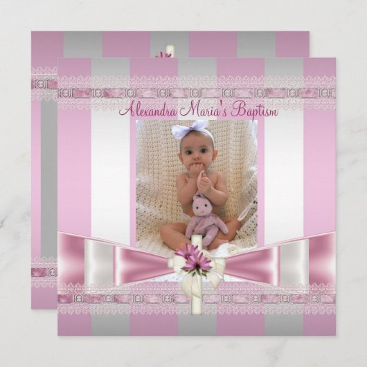 ピンクホワイトストライプフォトクロスバプテスマ《キリスト教》洗礼式や命名式 招待状 (正面/裏面)