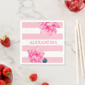 ピンクホワイトストライプフローラシックシルバー スタンダードカクテルナプキン (インサイチュ)