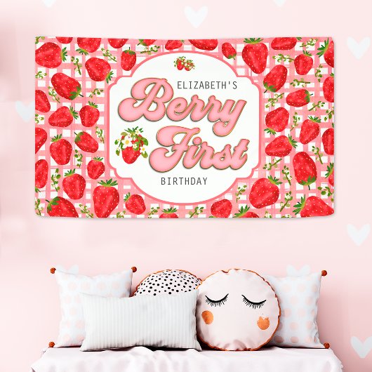 ピンクホワイトストロベリーパターン ベリー1歳の誕生日 横断幕