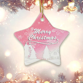 ピンクホワイトスノーハウスクリスマス新年 セラミックオーナメント