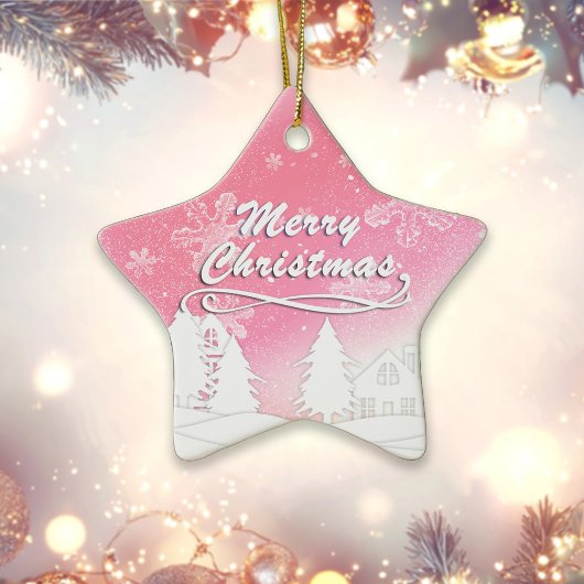 ピンクホワイトスノーハウスクリスマス新年 セラミックオーナメント