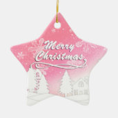 ピンクホワイトスノーハウスクリスマス新年 セラミックオーナメント (正面)