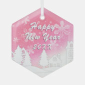 ピンクホワイトスノーハウスハッピーニューイヤー ガラスオーナメント (正面)
