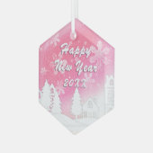 ピンクホワイトスノーハウスハッピーニューイヤー ガラスオーナメント (正面左)